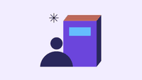 An illustration of a person standing in front of a large purple book.