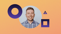 Adam Leash's headshot against an orange background with purple geometric shapes.