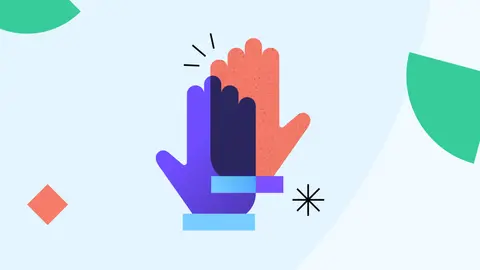 Two hands giving a high-five. One hand is purple. The other hand is orange. The space where the hands meet combines the two colors.