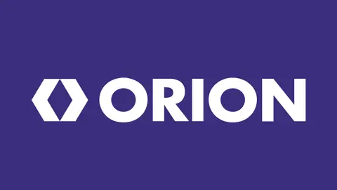 Orion company logo overlaid on a dark blue background.
