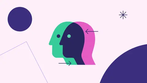 An illustration of two heads overlapping. One head is green, the other head is pink. The areas that overlap are dark purple. The effect is like a venn diagram.