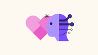 A profile view of a purple robot head layered over a pink heart.
