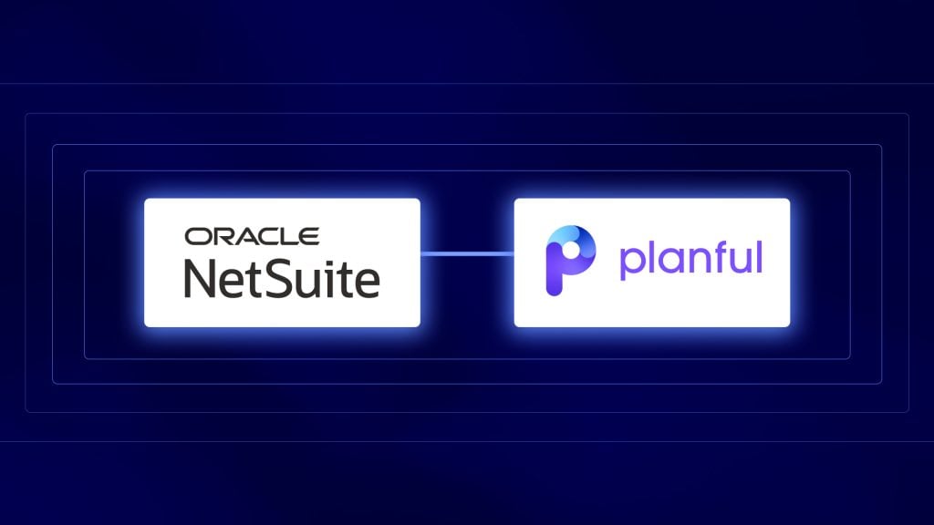 Oracle NetSuite and Planful's logos against a dark purple background.