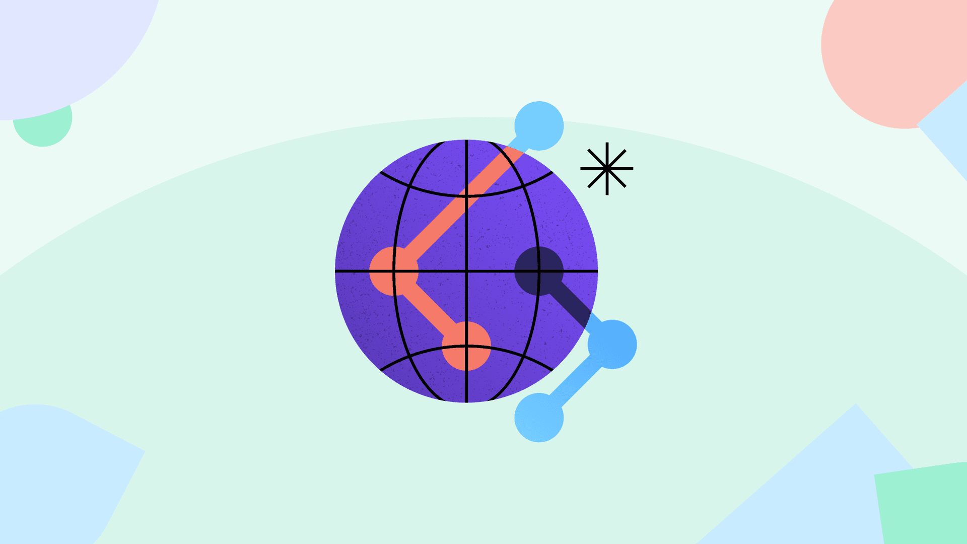 Graphic of a purple globe with a green background
