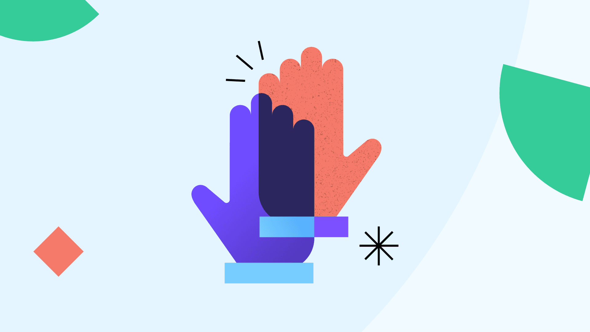 Two hands giving a high-five. One hand is purple. The other hand is orange. The space where the hands meet combines the two colors.